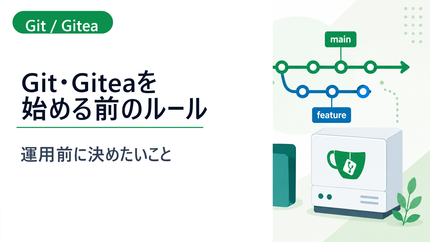 ブランチ図とリポジトリでGit、Giteaの運用前ルールを表すイメージ